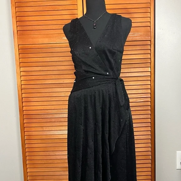 Betsy Johnson Elegant Black Sleeveless Sequins Wrap Style Maxi Dress - Picture 2 of 10